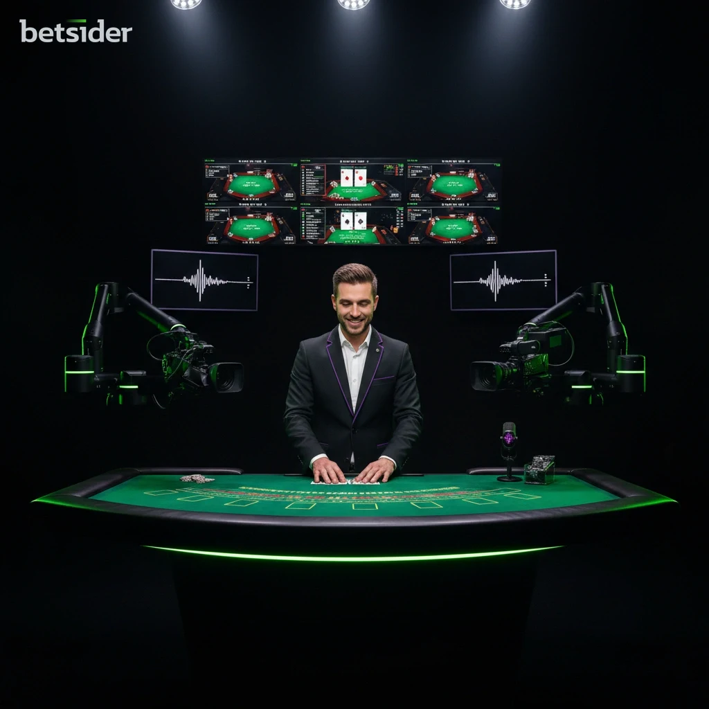 Live dealer managing a blackjack table in a multi-camera studio