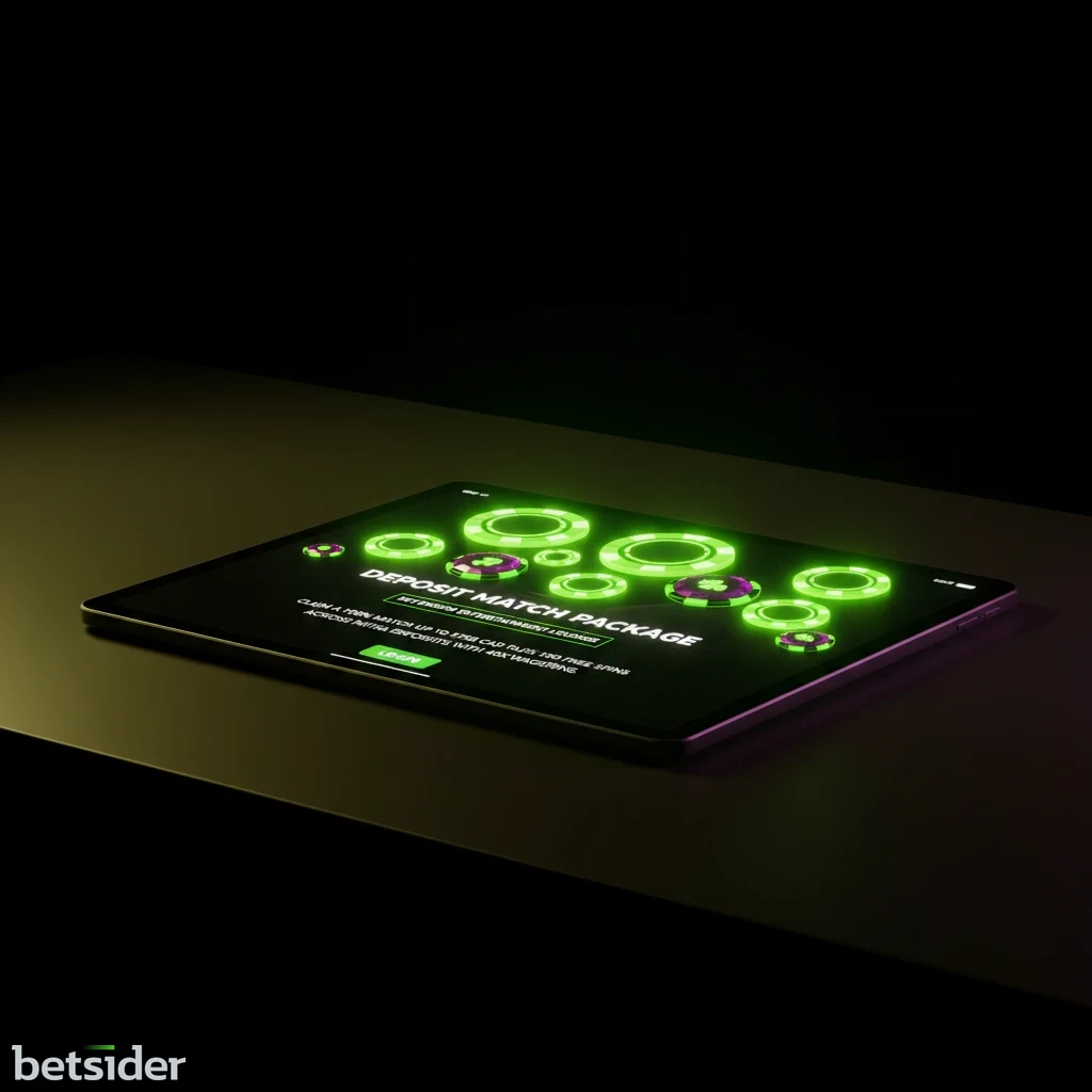 Match bonus promotional card with gold coins and digital tablet display